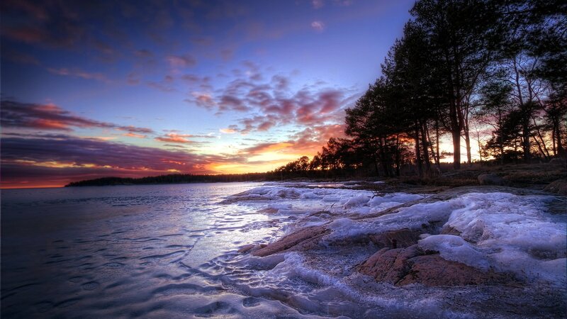 Frozen Shoreline at Sunset — Blue, Dramatic, Photograph