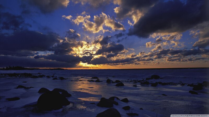 Frozen Shoreline at Sunset — Blue, Dramatic