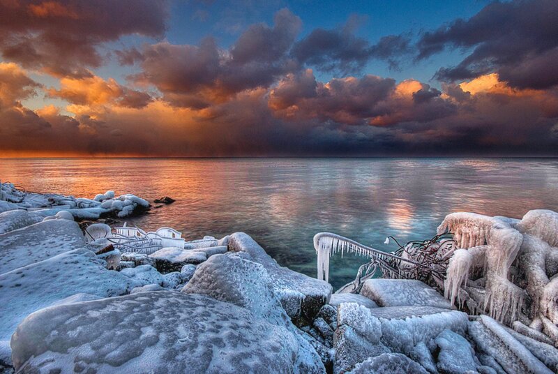 Frozen Shoreline at Sunset — Blue, Dramatic, Winter