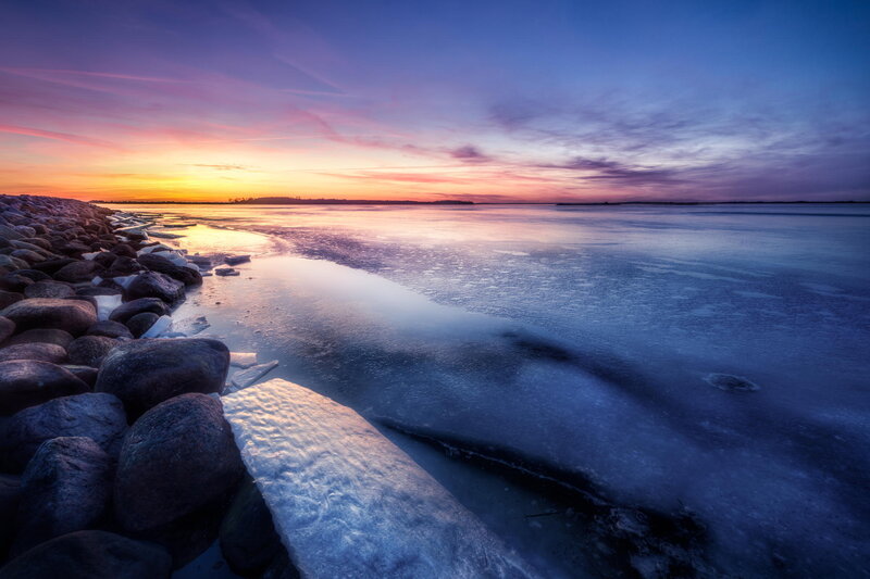 Frozen Shoreline at Sunset — Blue, Serene