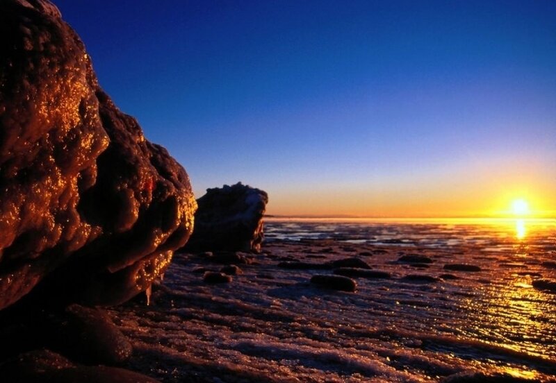 Frozen Shoreline at Sunset — Blue