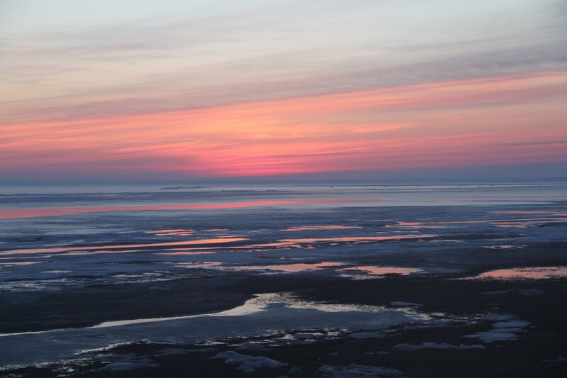 Frozen Shoreline at Sunset — Pink, Serene