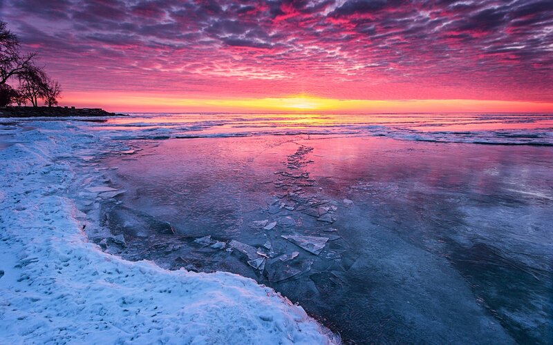 Frozen Shoreline at Sunset — Pink