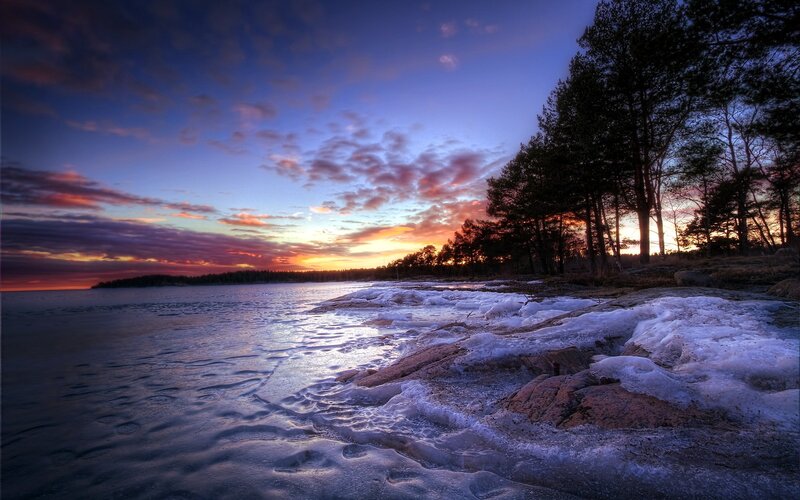 Frozen Shoreline at Sunset — Purple, Dramatic, Photograph