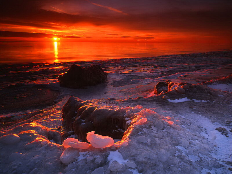 Frozen Shoreline at Sunset — Red