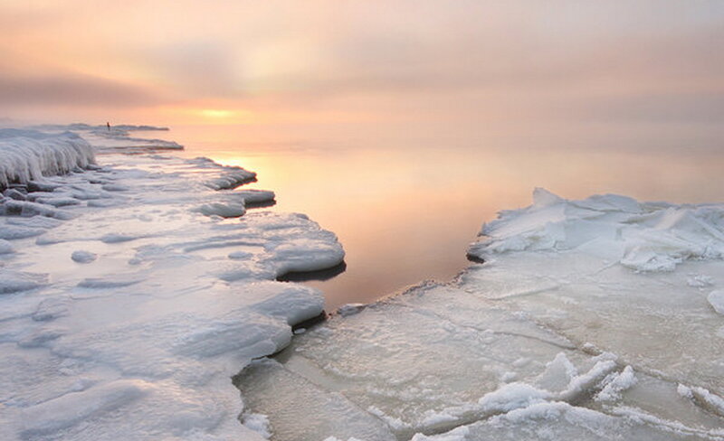 Frozen Shoreline at Sunset — White