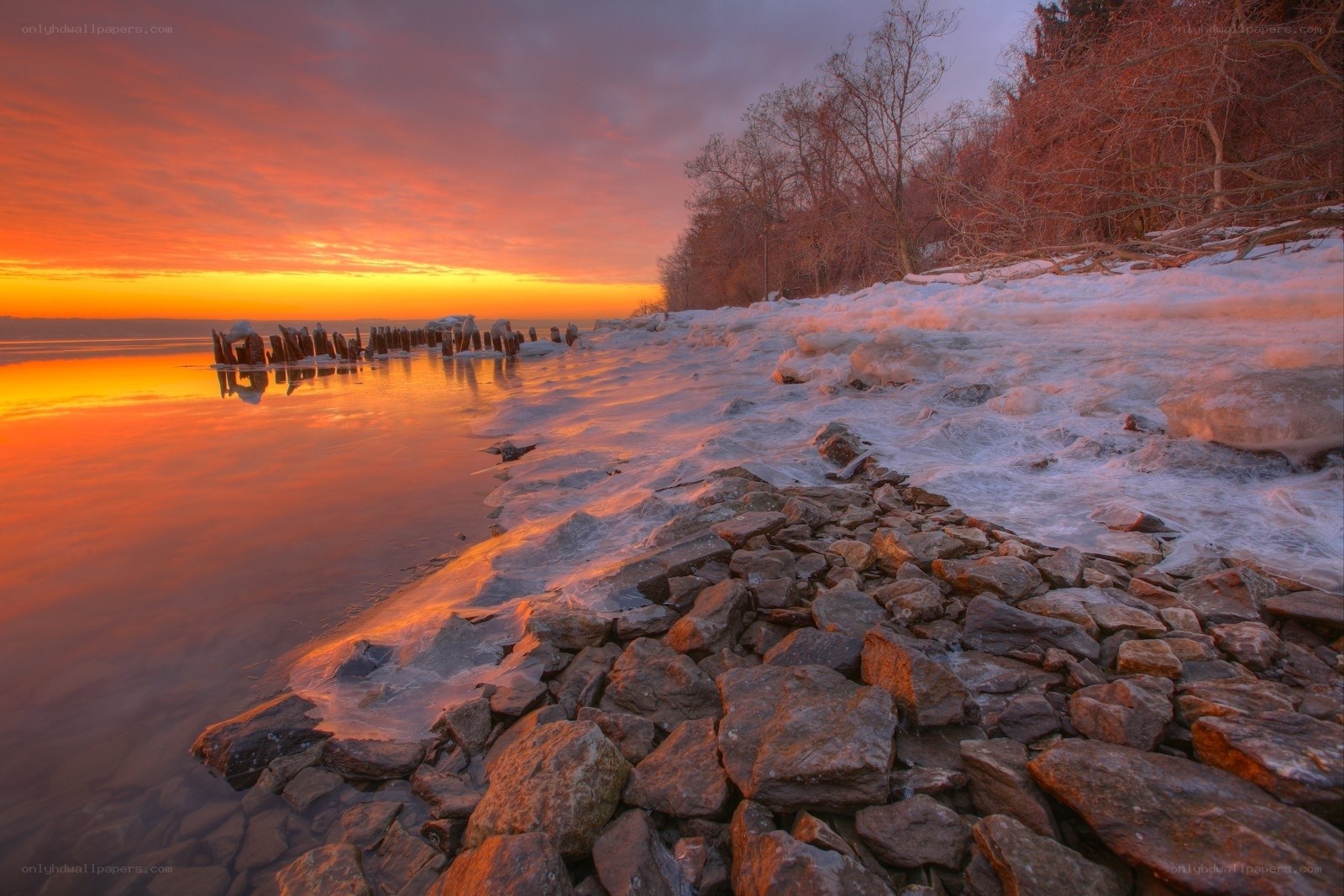 Frozen shoreline at sunset