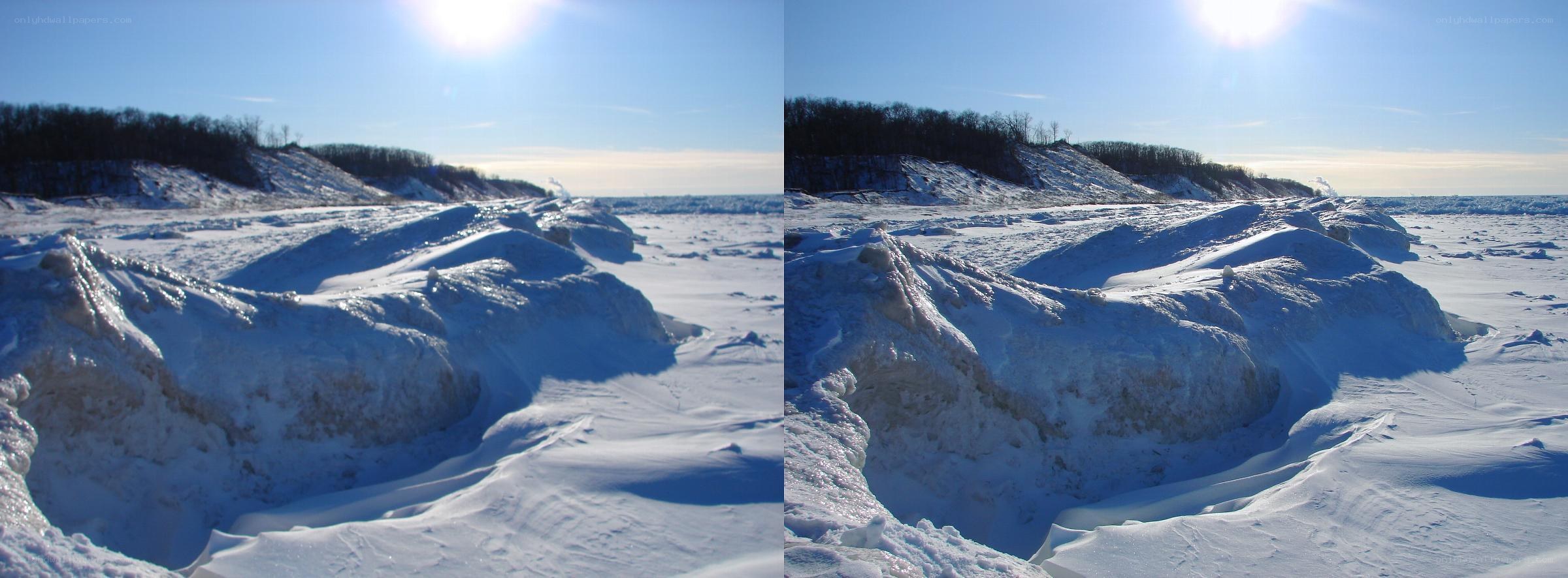 Frozen shoreline with ice formations