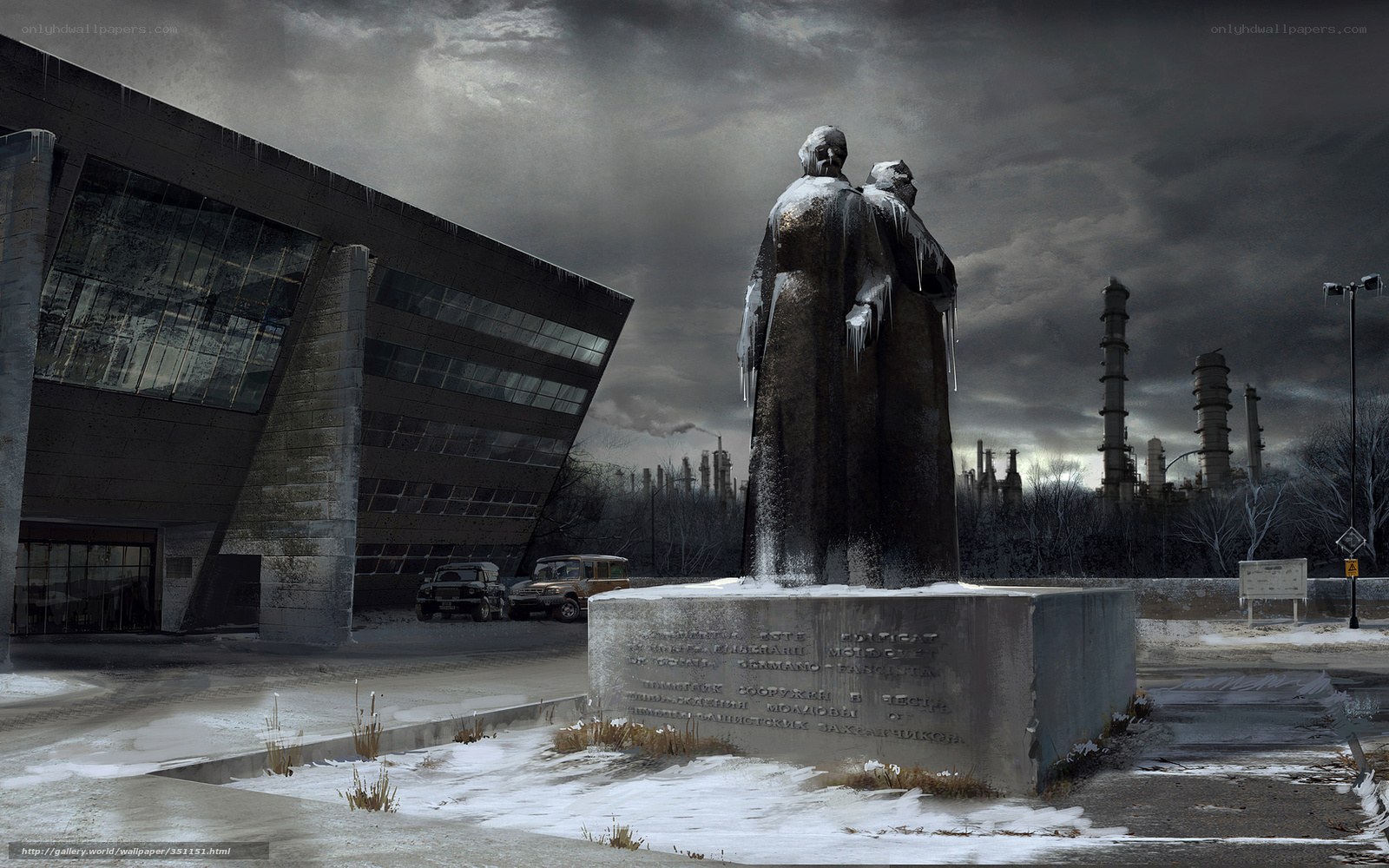 Frozen statue in industrial wasteland
