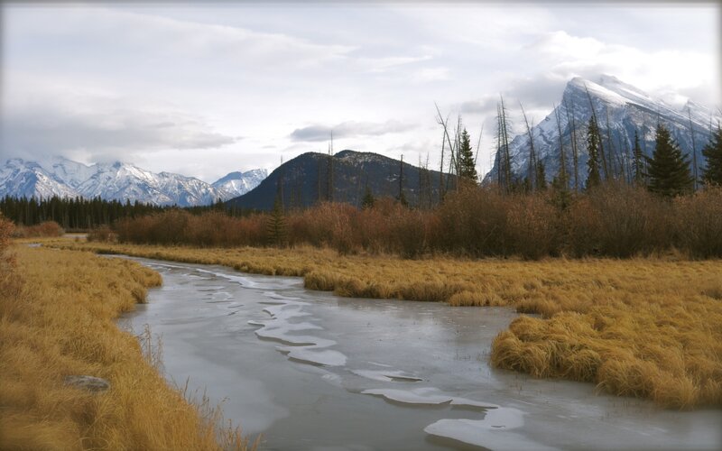 Frozen stream in mountain valley