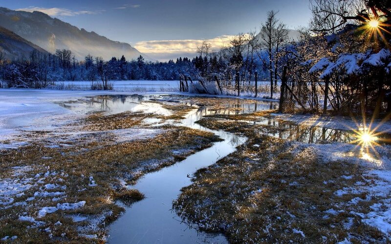 Frozen Stream in Winter — Blue, Serene, Photograph
