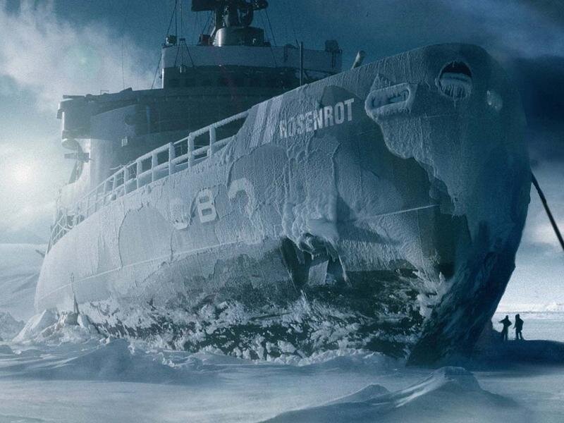 Frozen submarine in icy landscape