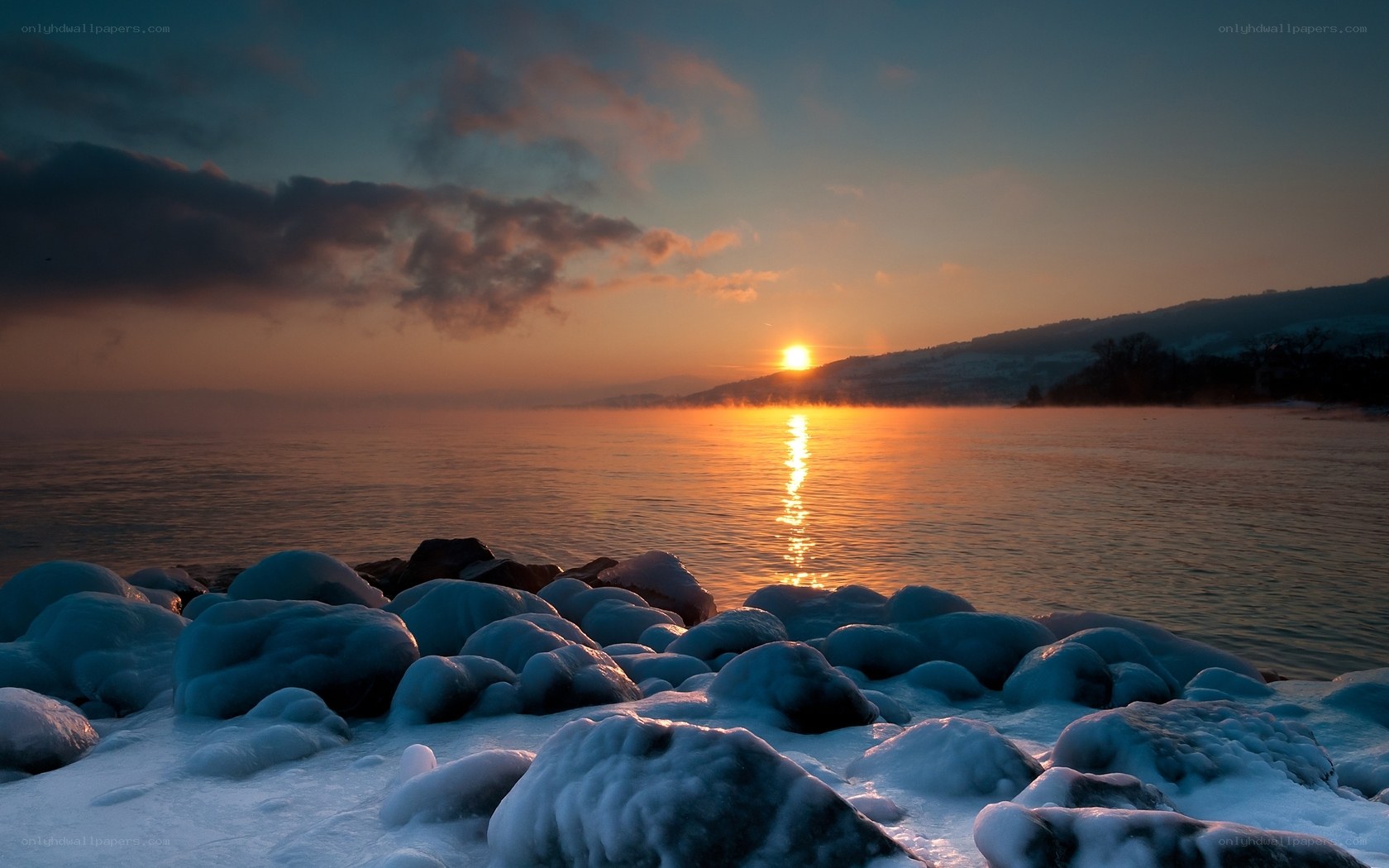 Frozen sunset by the lake
