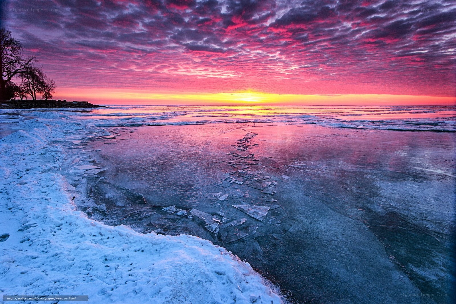 Frozen sunset over icy shore