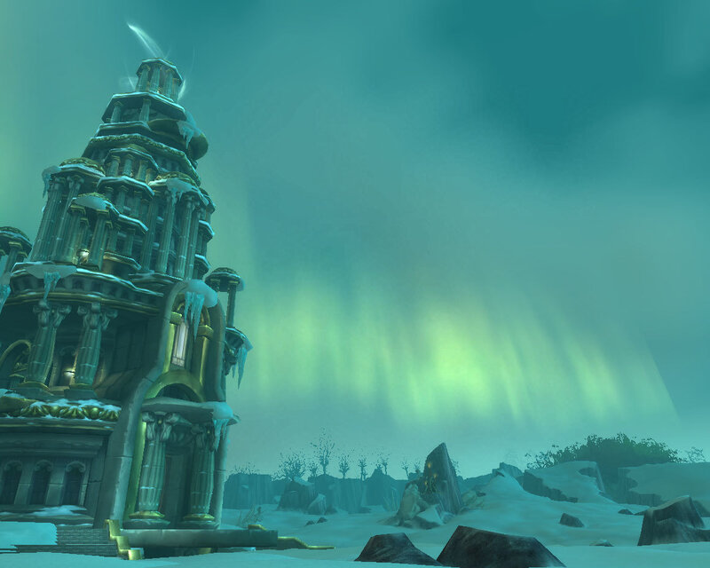 Frozen tower under aurora