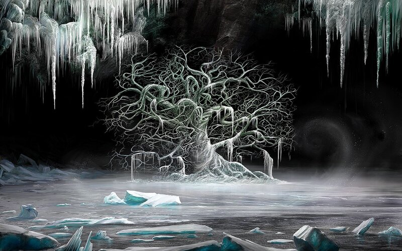 Frozen tree in icy cave