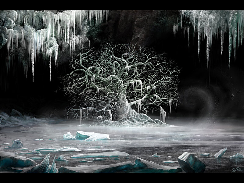 Frozen tree in icy cavern