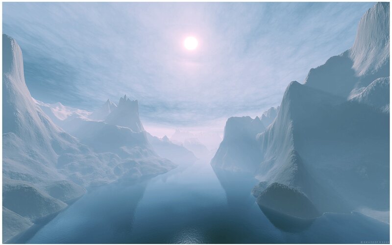 frozen valley with sun