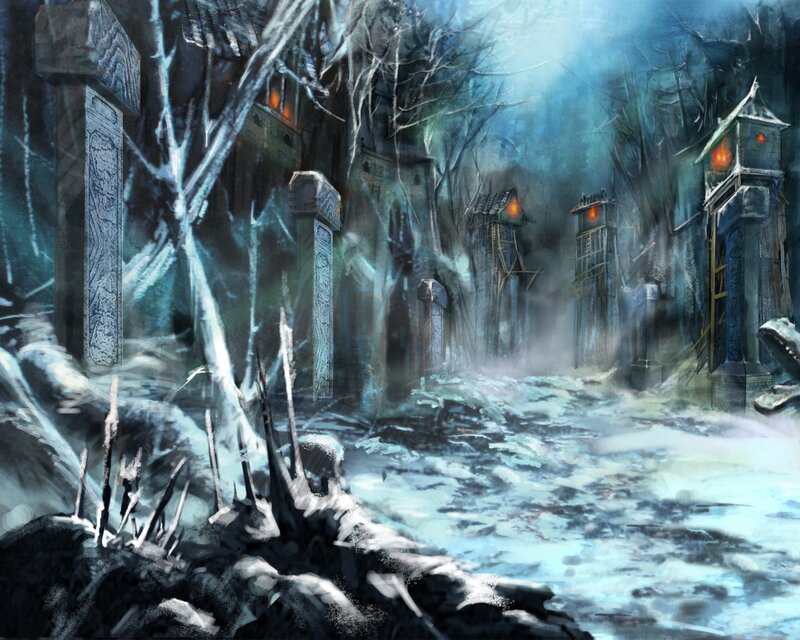 frozen village in a misty forest