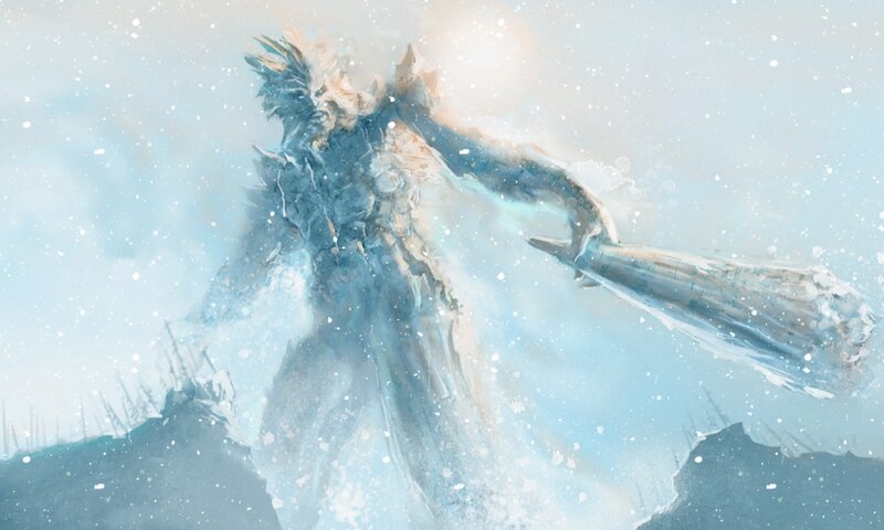 frozen warrior in snowstorm