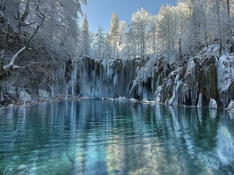 Frozen Waterfall and Lake — Blue, Serene