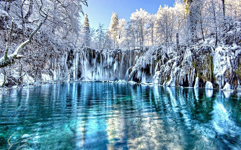 Frozen Waterfall and Lake — Blue, Serene, Winter