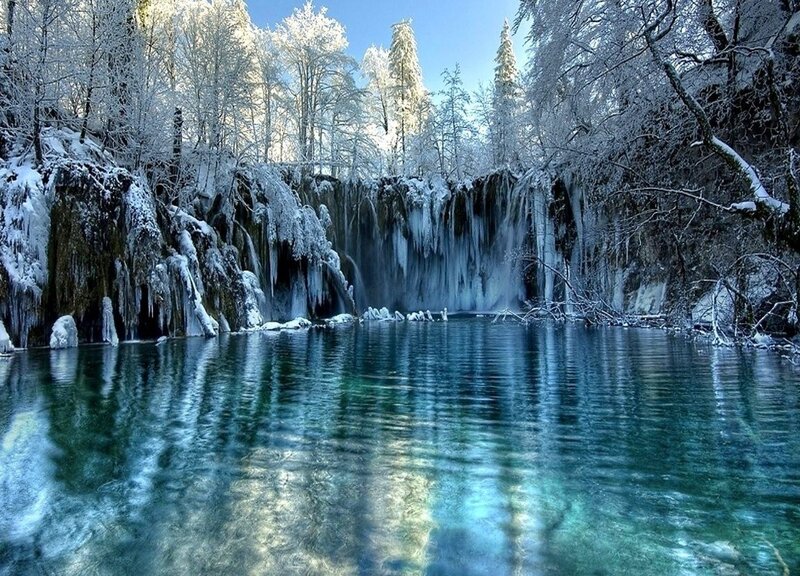 Frozen Waterfall and Lake — Blue