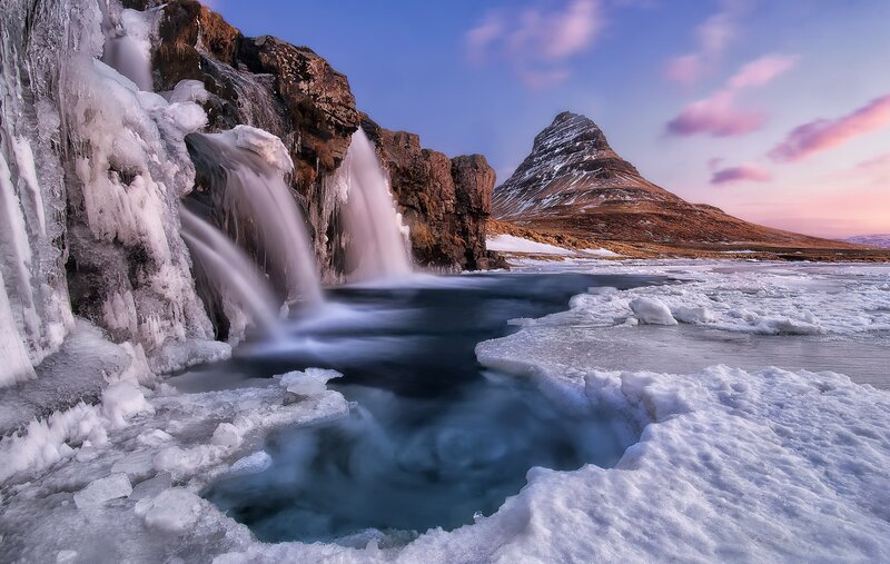 Frozen Waterfall and Mountain — Blue
