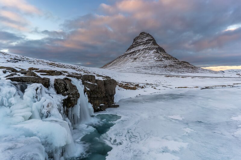 Frozen Waterfall and Mountain — White