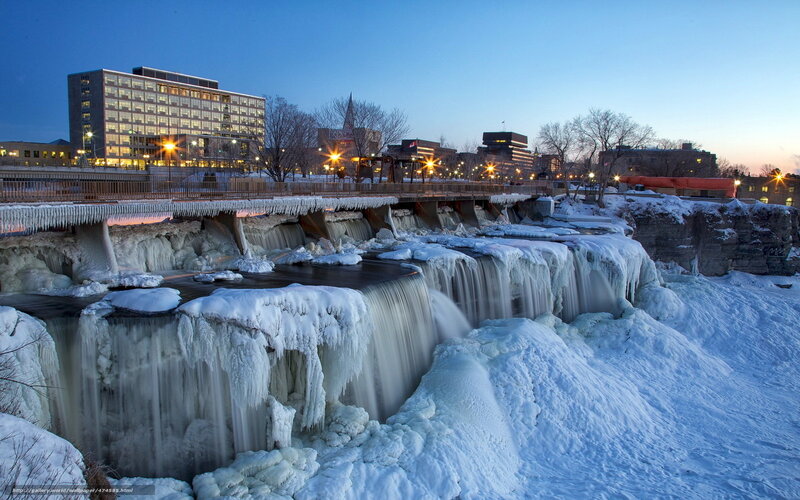 Frozen waterfall at dusk