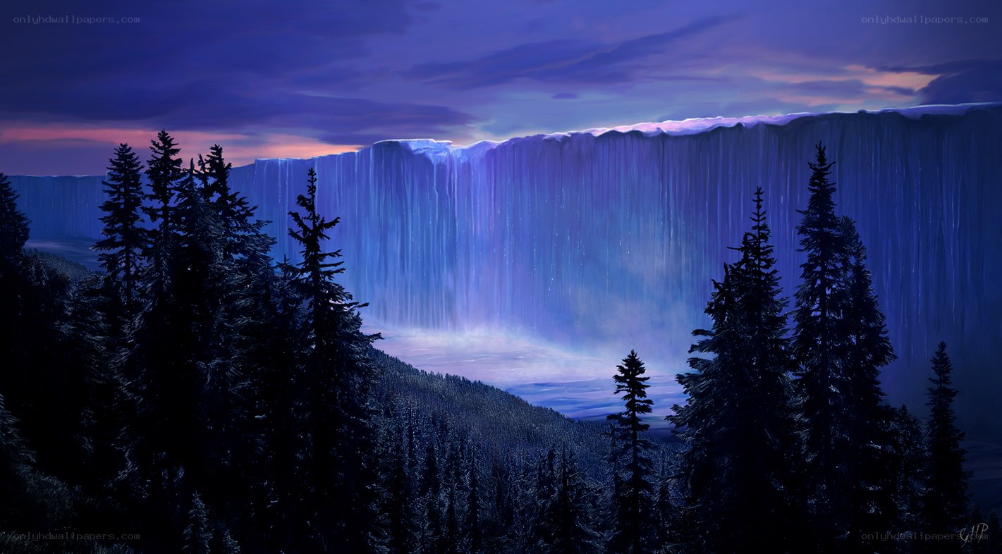 Frozen waterfall at dusk