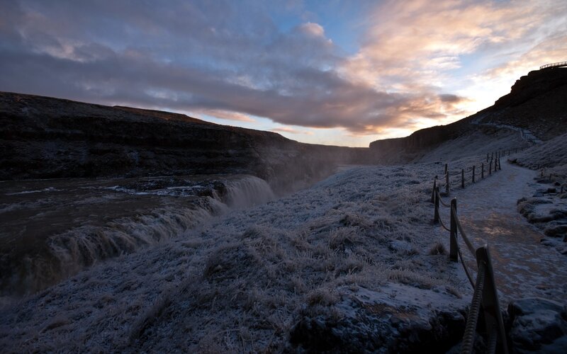 Frozen Waterfall at Dusk — Blue, Dramatic