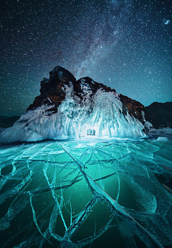 Frozen Waterfall at Night — Blue, Dramatic
