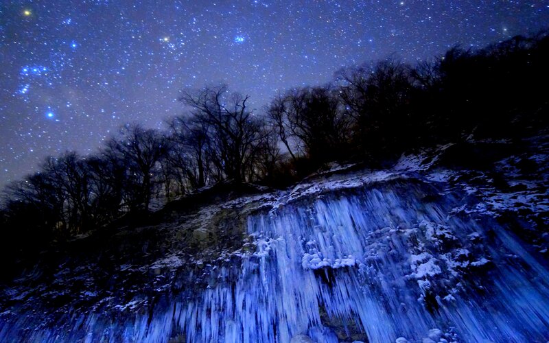 Frozen Waterfall at Night — Blue