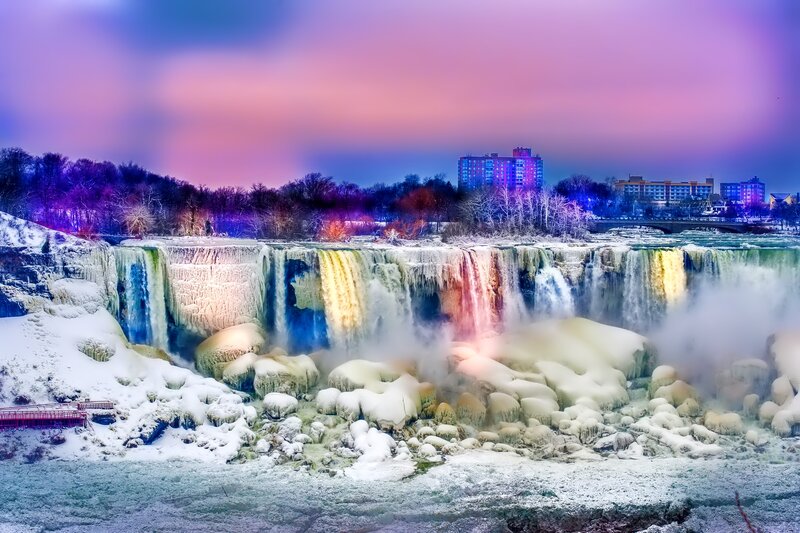 Frozen Waterfall at Night — Purple, Dramatic