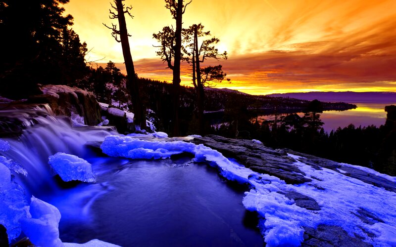 Frozen Waterfall at Sunset — Blue