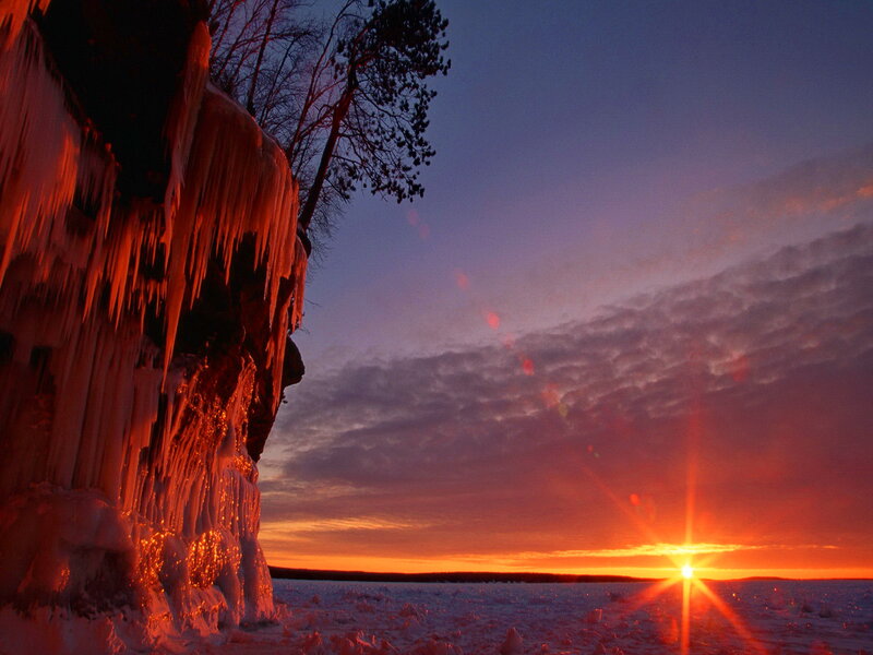 Frozen Waterfall at Sunset — Orange
