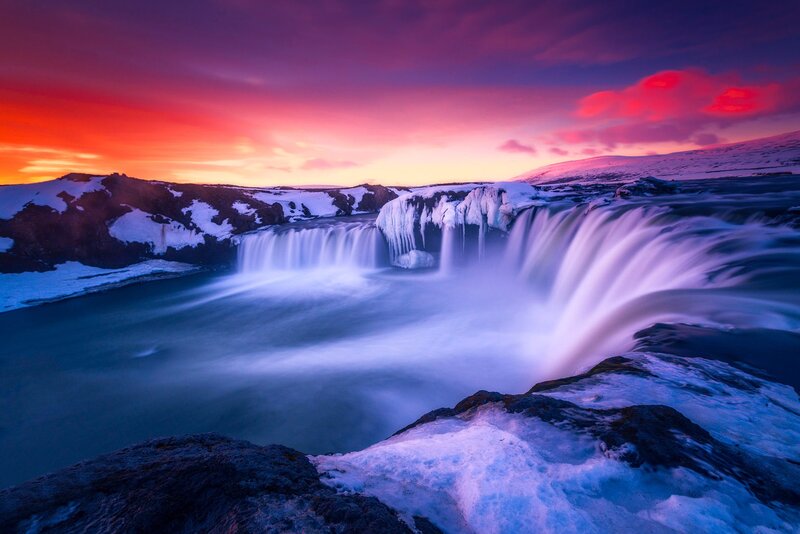 Frozen Waterfall at Sunset — Purple, Dramatic, Photograph, Snow