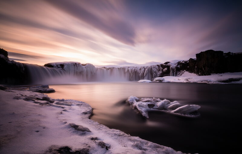 Frozen Waterfall at Sunset — Purple, Dramatic, Photograph