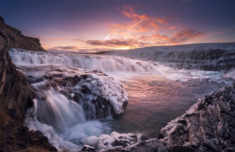 Frozen Waterfall at Sunset — Purple, Dramatic