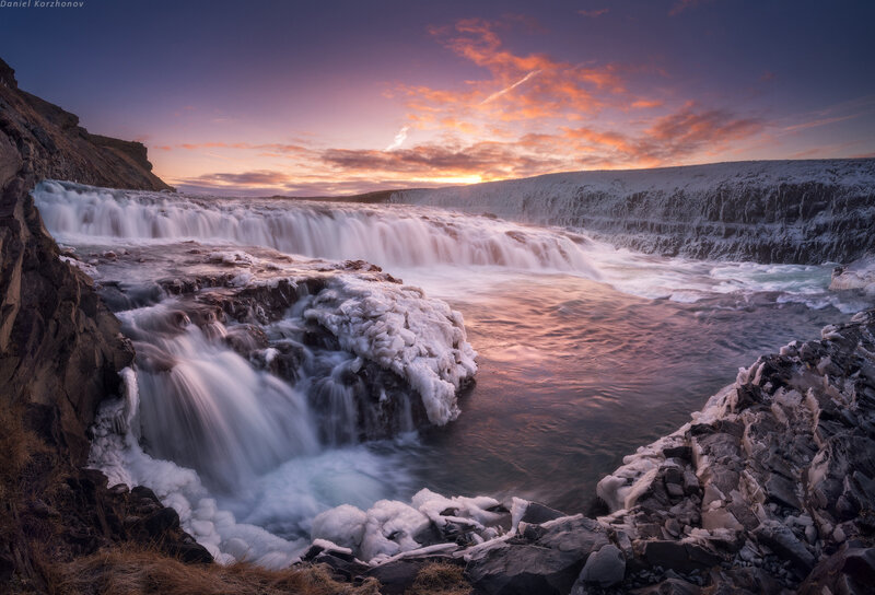 Frozen Waterfall at Sunset — Purple