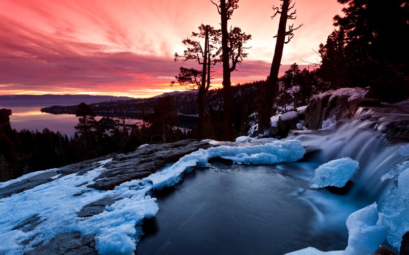 Frozen Waterfall at Sunset — Red, Dramatic, Photograph, Trees, Lake
