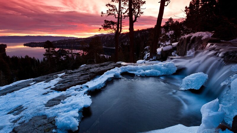 Frozen Waterfall at Sunset — Red, Dramatic, Photograph, Trees