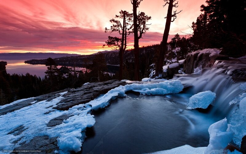 Frozen Waterfall at Sunset — Red, Dramatic
