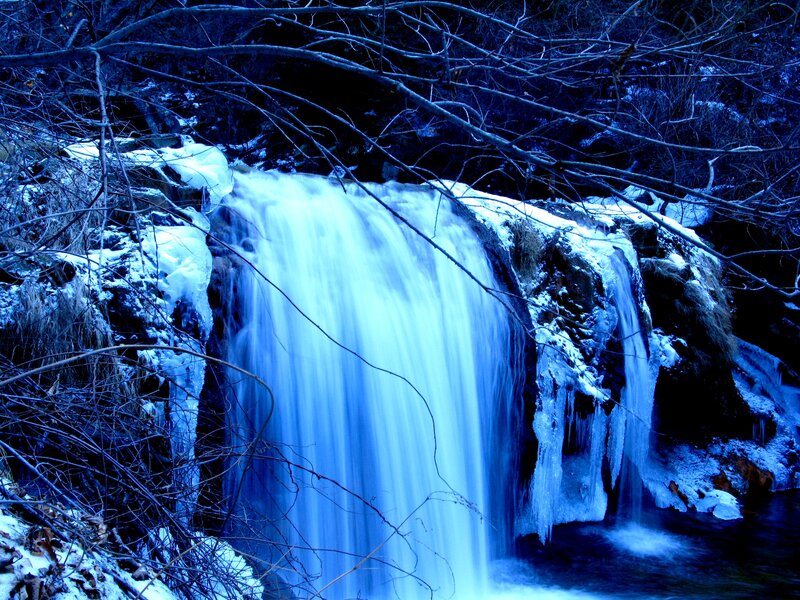 Frozen Waterfall — Blue, Cold, Winter, Photograph, Snow, Ice, Trees
