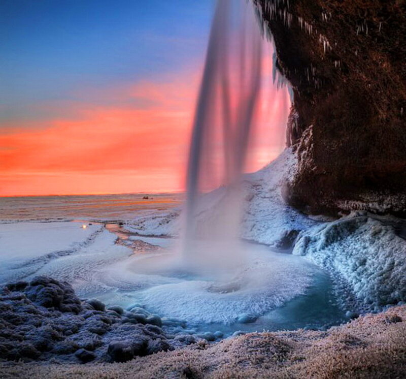 Frozen Waterfall — Blue, Dramatic, Sunset