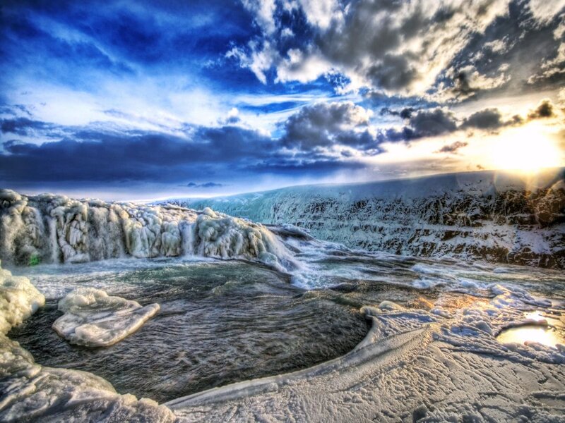 Frozen Waterfall — Blue, Dramatic, Winter, Photograph, Ice, River, Clouds
