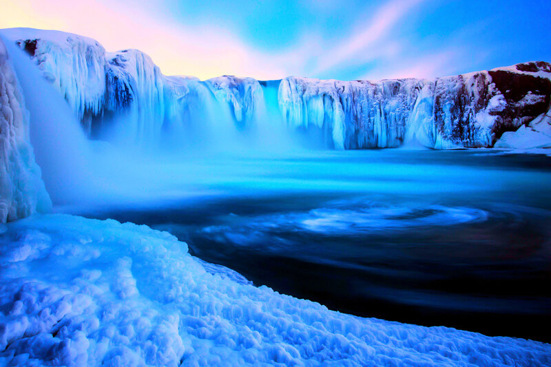 Frozen Waterfall — Blue, Dramatic, Winter, Photograph, Ice, River, Sky
