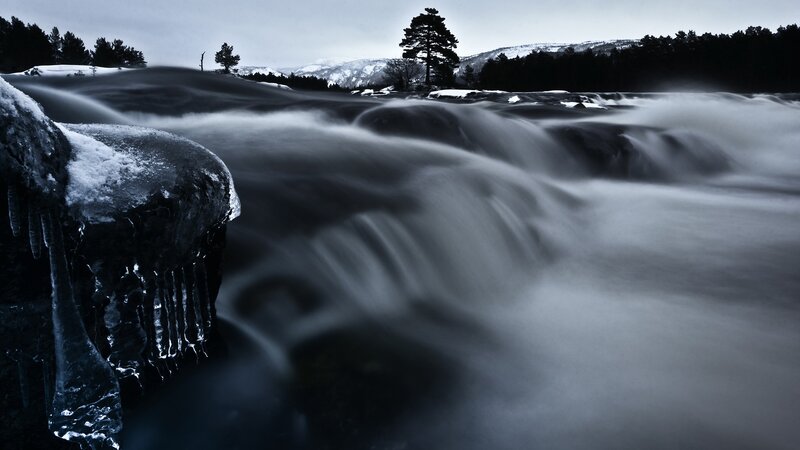 Frozen Waterfall — Blue, Dramatic, Winter, Photograph, Ice, River, Trees
