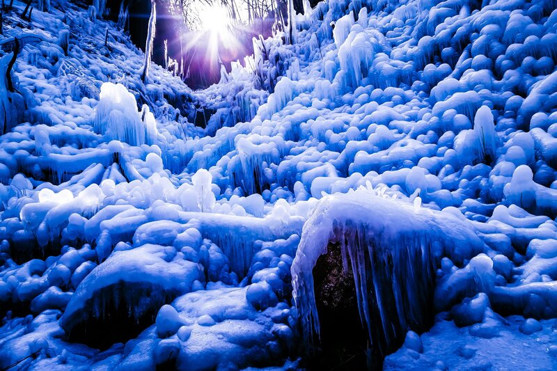 Frozen Waterfall — Blue, Dramatic, Winter, Photograph, Icicles